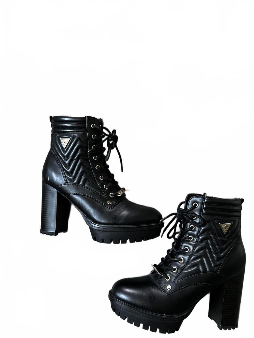 Guess Manners Platform Heel Lace-Up Boots 8 Black Quilted Steampunk
